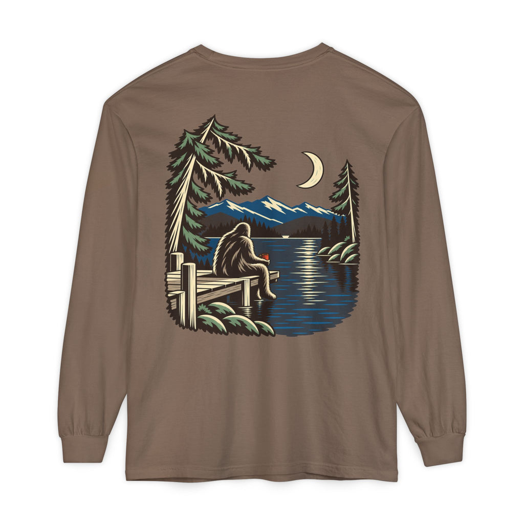 Quiet Hours Garment-Dyed Long-Sleeve Tee in Espresso, back view with the large illustrated print. Digital product mockup.