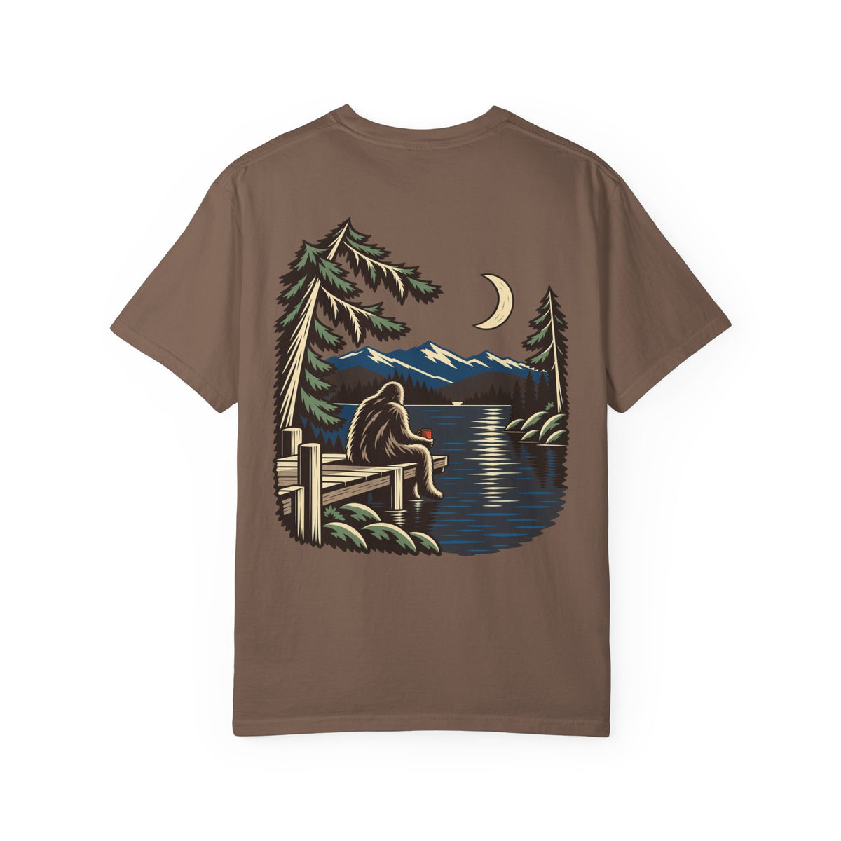 Quiet Hours Garment-Dyed Tee in Espresso, back view with the large illustrated print. Digital product mockup.