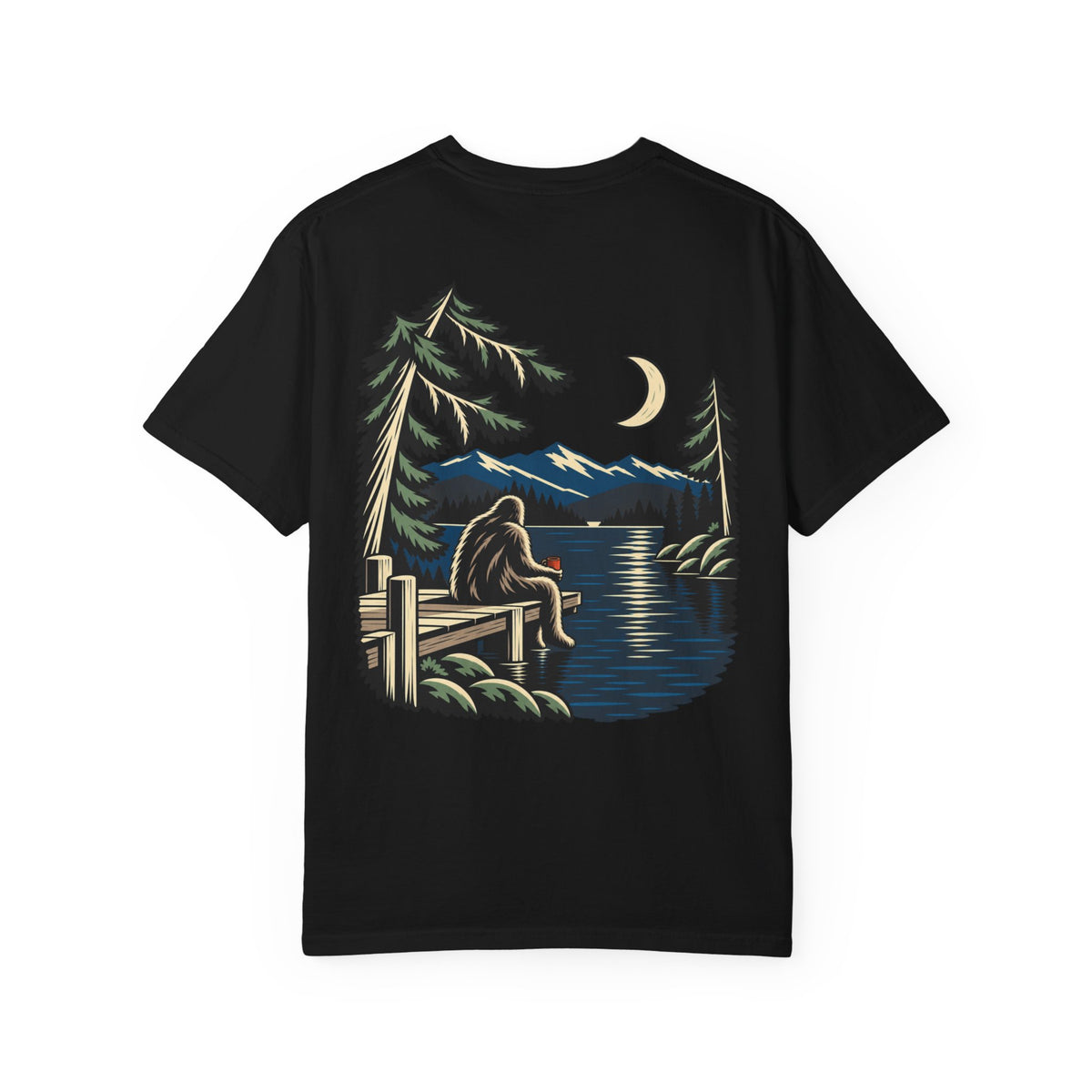 Quiet Hours Garment-Dyed Tee in Black, back view with the large illustrated print. Digital product mockup.