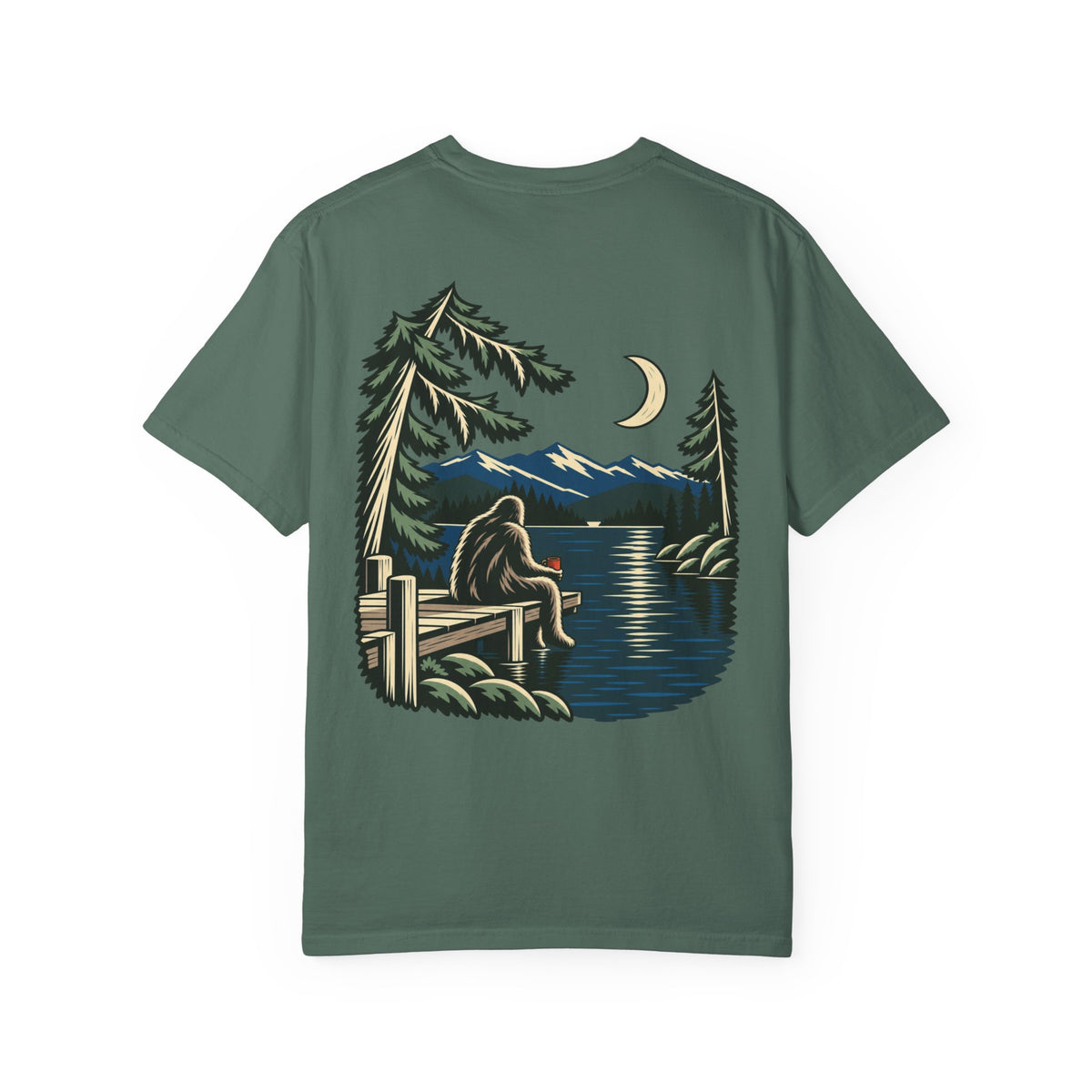 Quiet Hours Garment-Dyed Tee in Blue Spruce, back view with the large illustrated print. Digital product mockup.