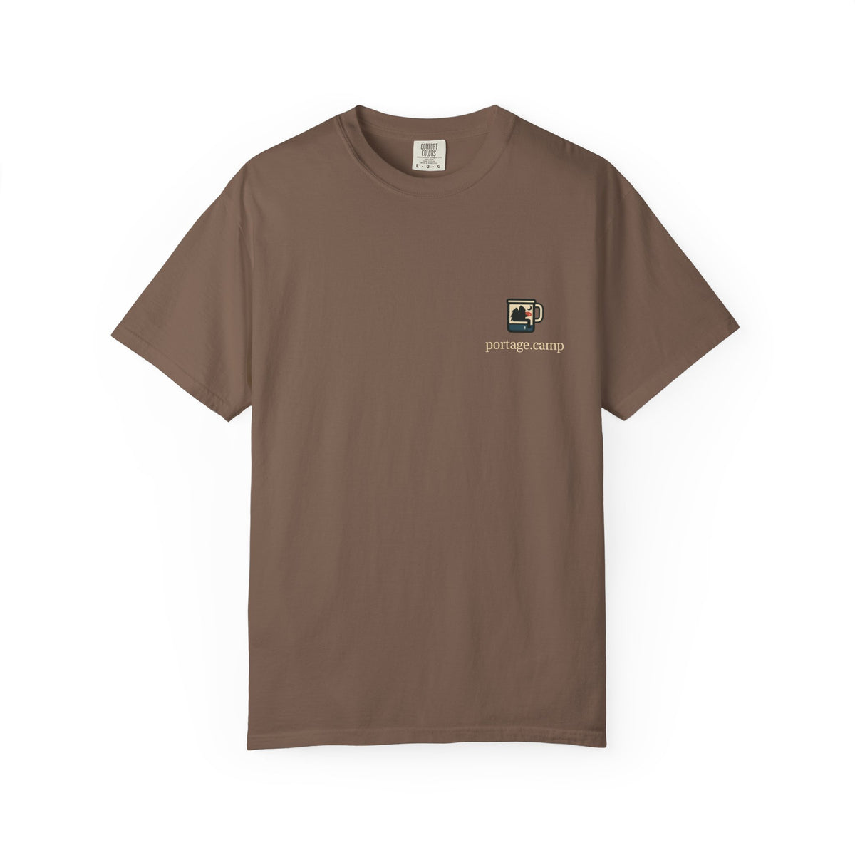 Quiet Hours Garment-Dyed Tee in Espresso, front view with the Quiet Hours logo and portage.camp on the chest. Digital product mockup.