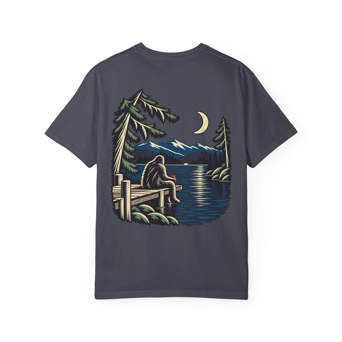 Quiet Hours Garment-Dyed Tee in Navy, back view with the large illustrated print. Digital product mockup.