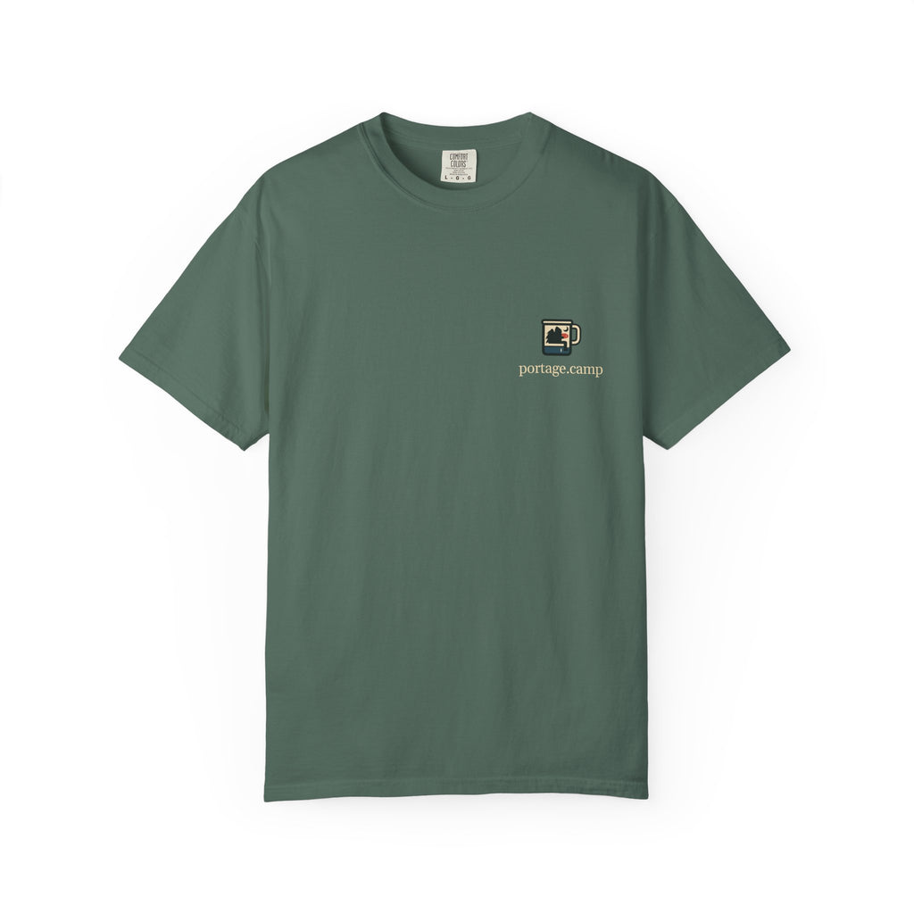 Quiet Hours Garment-Dyed Tee in Blue Spruce, front view with the Quiet Hours logo and portage.camp on the chest. Digital product mockup.