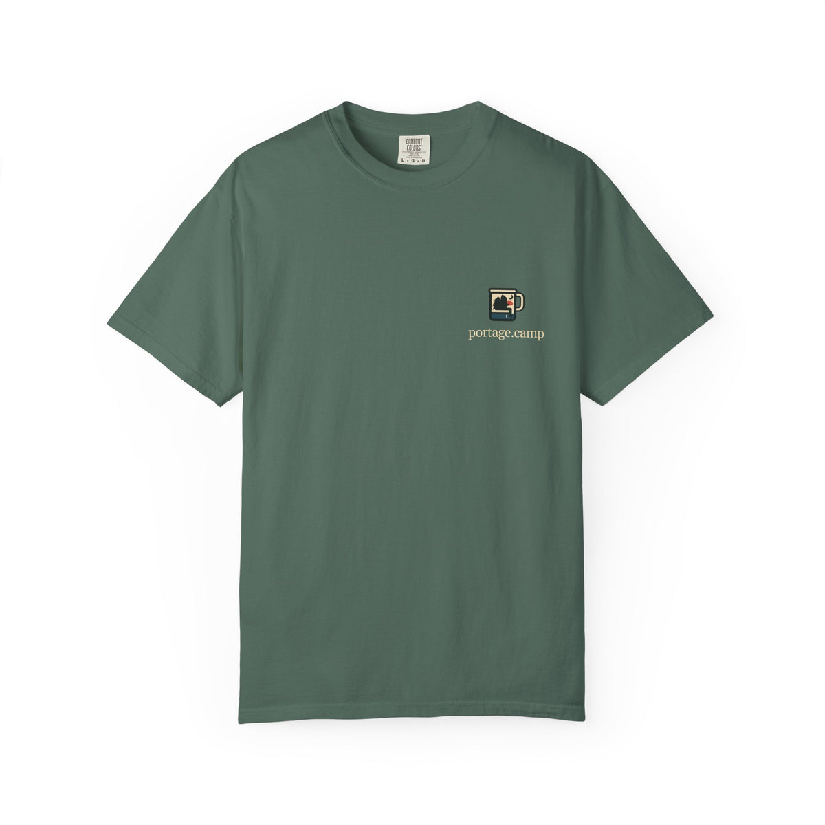 Quiet Hours Garment-Dyed Tee in Blue Spruce, front view with the Quiet Hours logo and portage.camp on the chest. Digital product mockup.