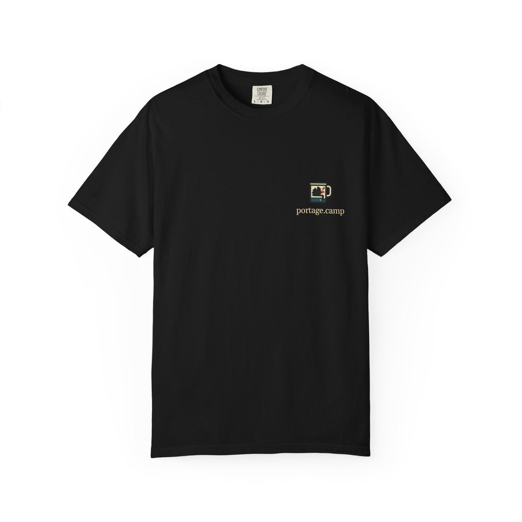 Quiet Hours Garment-Dyed Tee in Black, front view with the Quiet Hours logo and portage.camp on the chest. Digital product mockup.