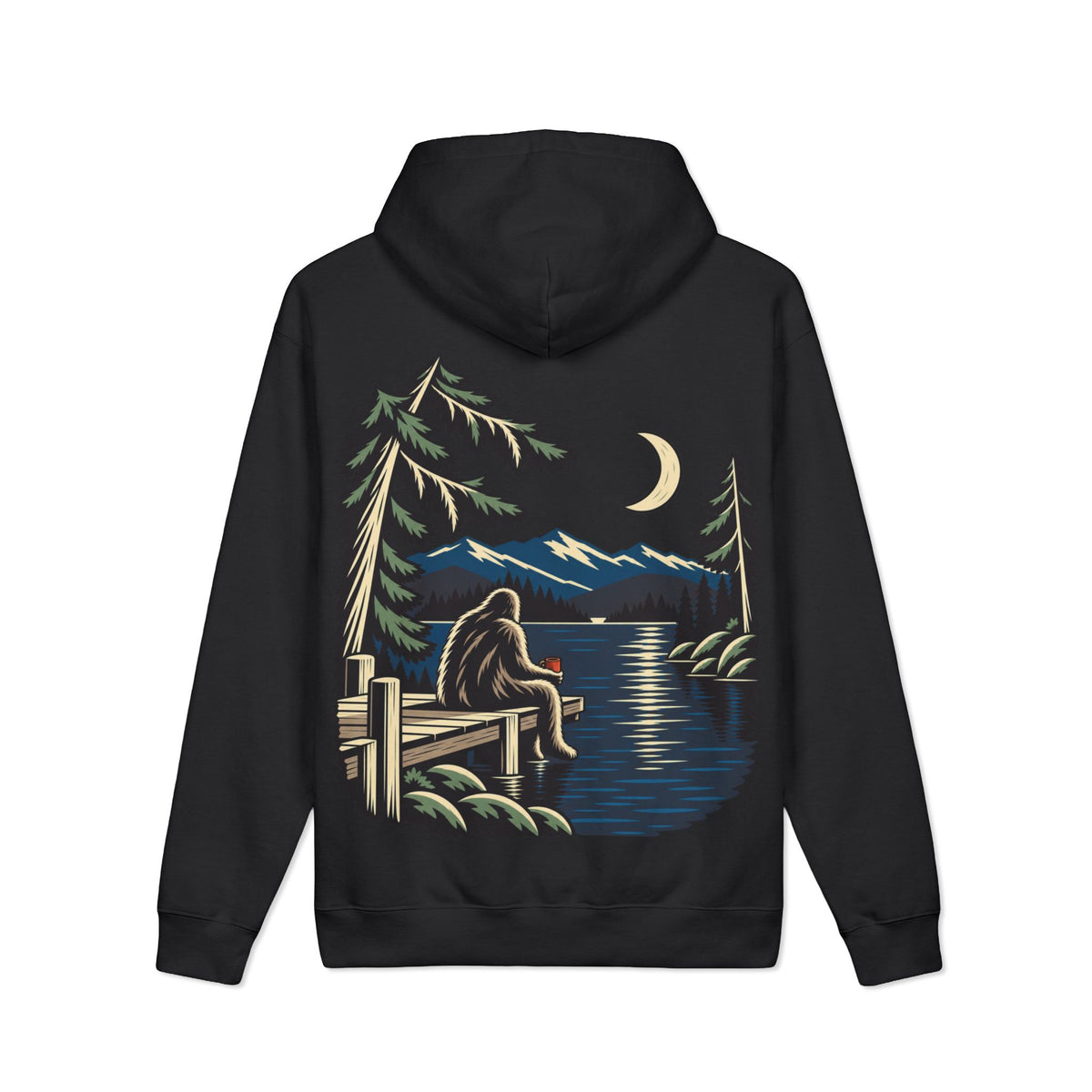 Quiet Hours Heavyweight Hoodie in Black, back view with the large illustrated print. Digital product mockup.