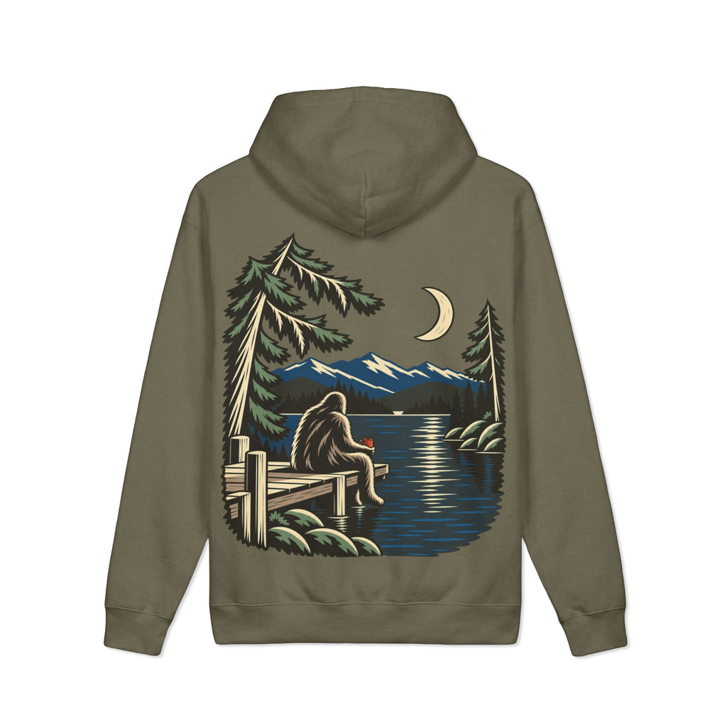 Quiet Hours Heavyweight Hoodie in Olive, back view with the large illustrated print. Digital product mockup.