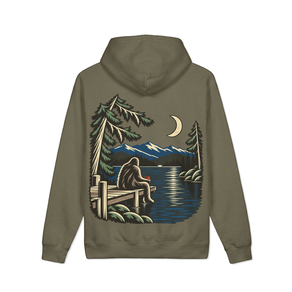 Quiet Hours Heavyweight Hoodie in Olive, back view with the large illustrated print. Digital product mockup.