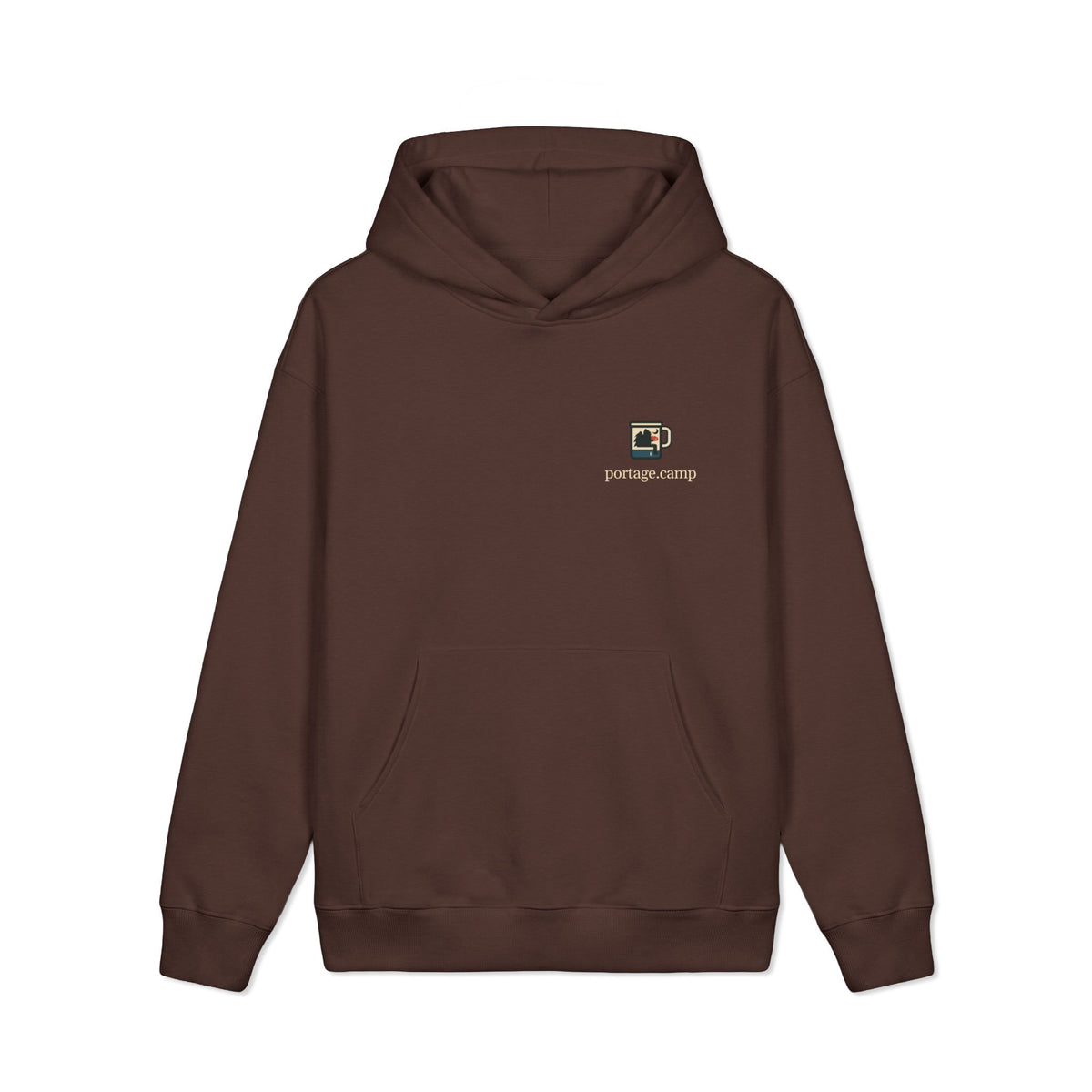 Quiet Hours Heavyweight Hoodie in Brown, front view with the Quiet Hours logo and portage.camp on the left chest. Digital product mockup.