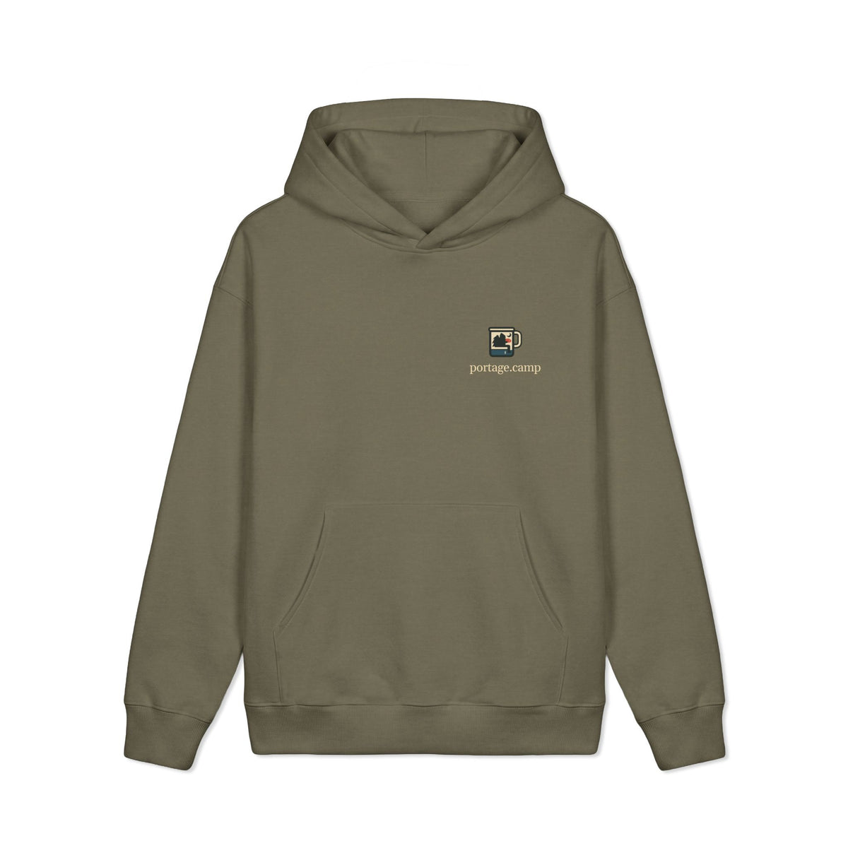 Quiet Hours Heavyweight Hoodie in Olive, front view with the Quiet Hours logo and portage.camp on the left chest. Digital product mockup.