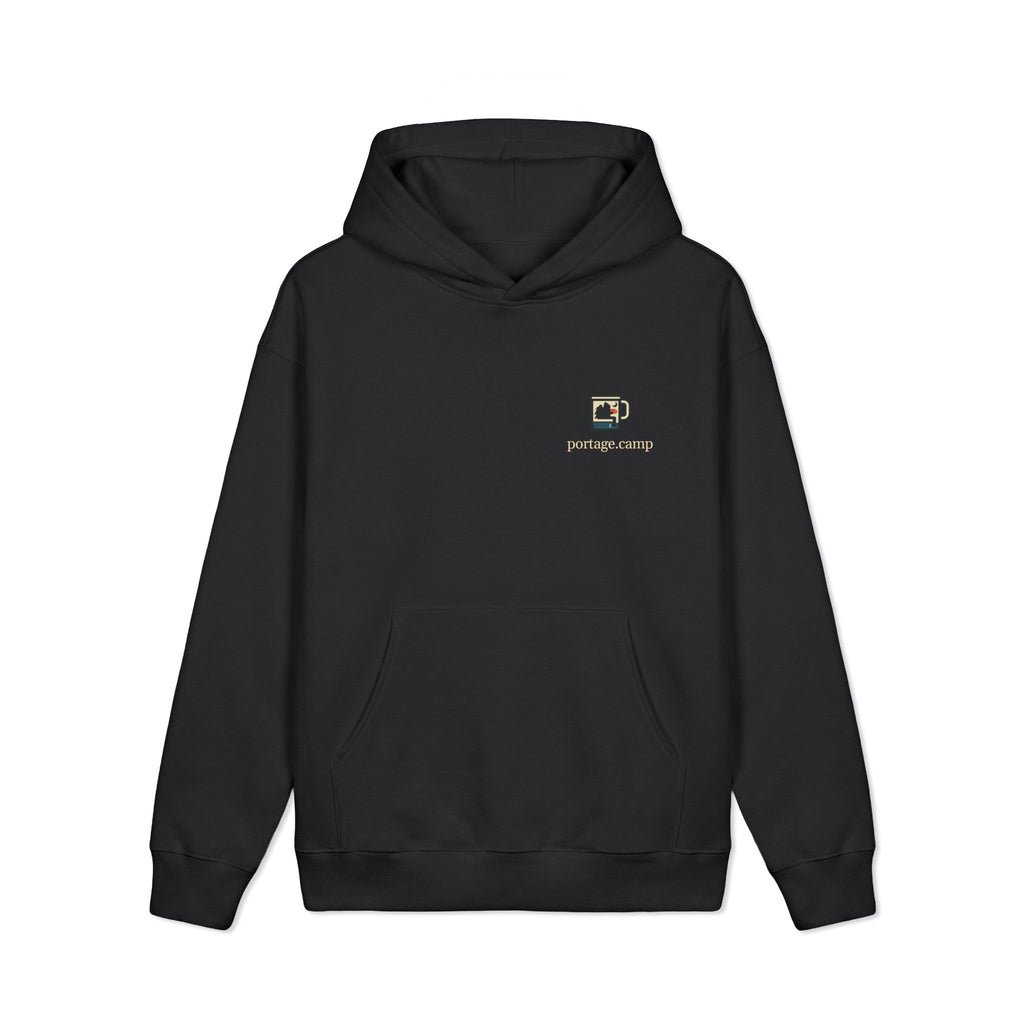 Quiet Hours Heavyweight Hoodie in Black, front view with the Quiet Hours logo and portage.camp on the left chest. Digital product mockup.