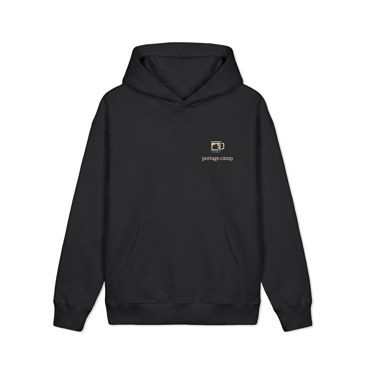 Quiet Hours Heavyweight Hoodie in Black, front view with the Quiet Hours logo and portage.camp on the left chest. Digital product mockup.