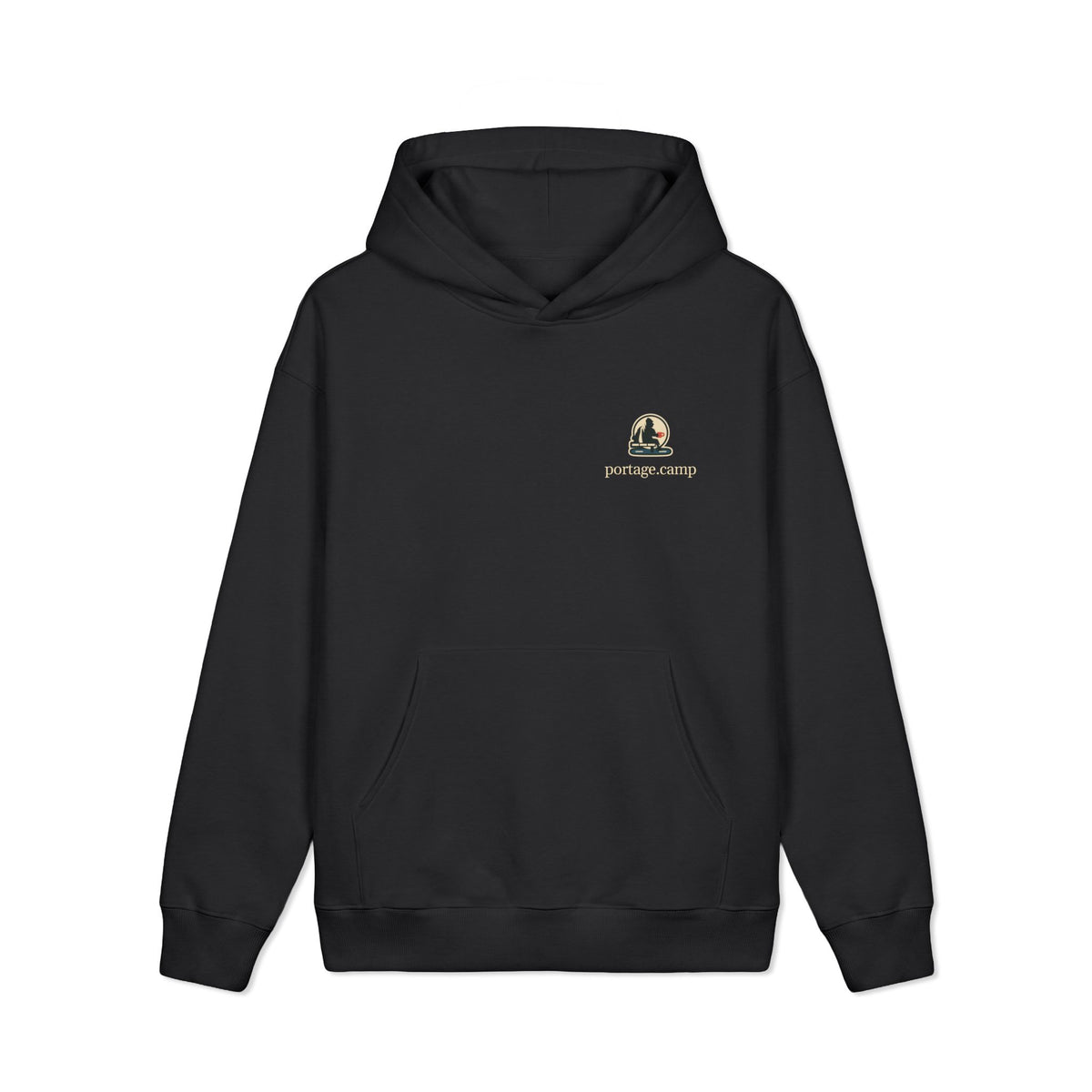 Quiet Hours Heavyweight Hoodie in Black, front view with the Quiet Hours logo and portage.camp on the left chest. Digital product mockup.