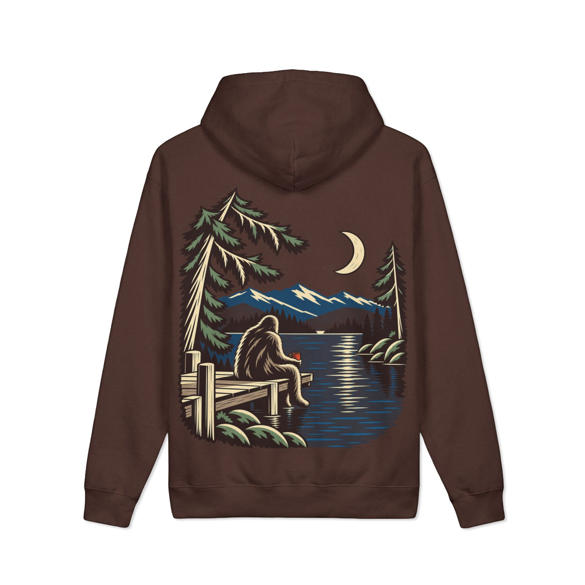 Quiet Hours Heavyweight Hoodie in Brown, back view with the large illustrated print. Digital product mockup.