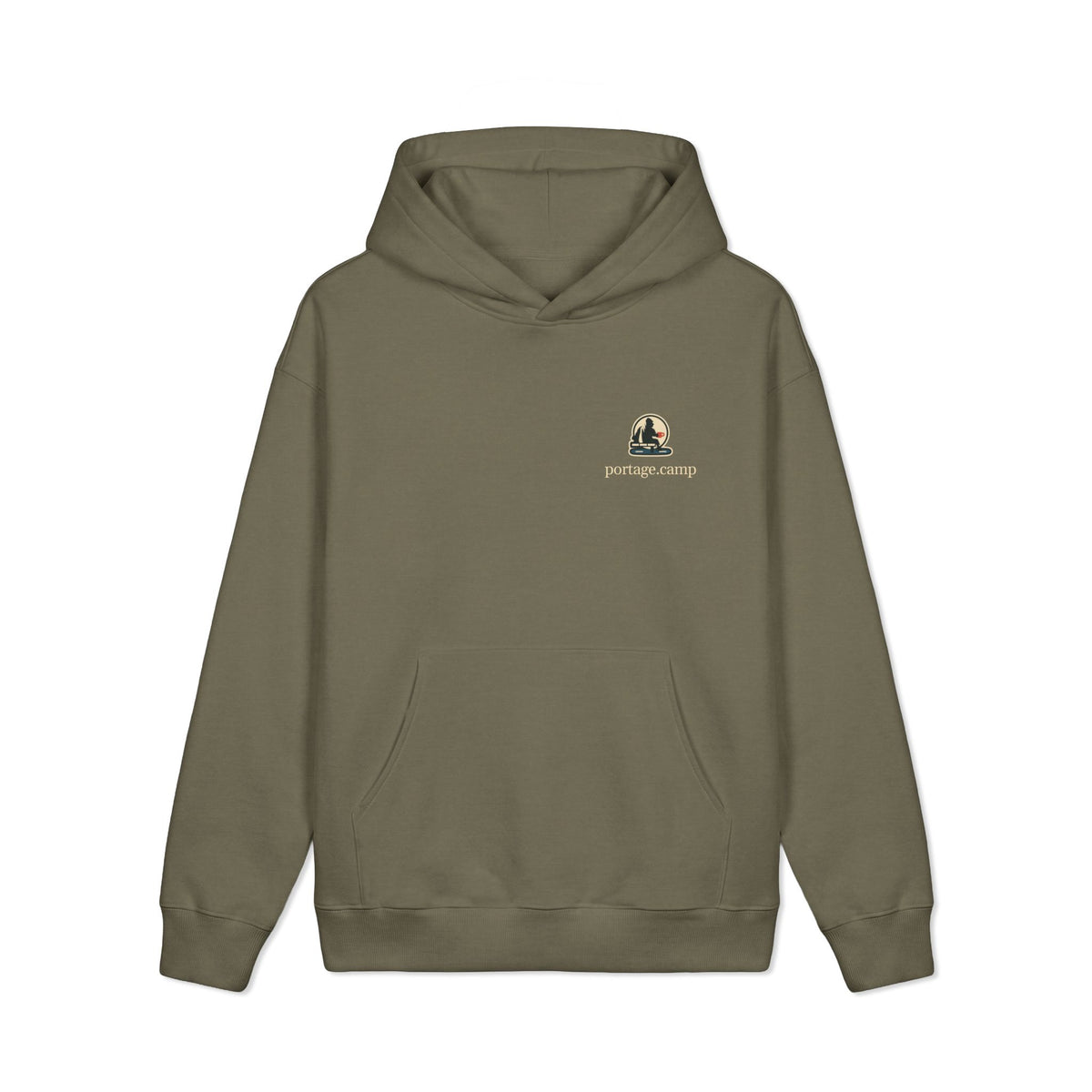 Quiet Hours Heavyweight Hoodie in Olive, front view with the Quiet Hours logo and portage.camp on the left chest. Digital product mockup.
