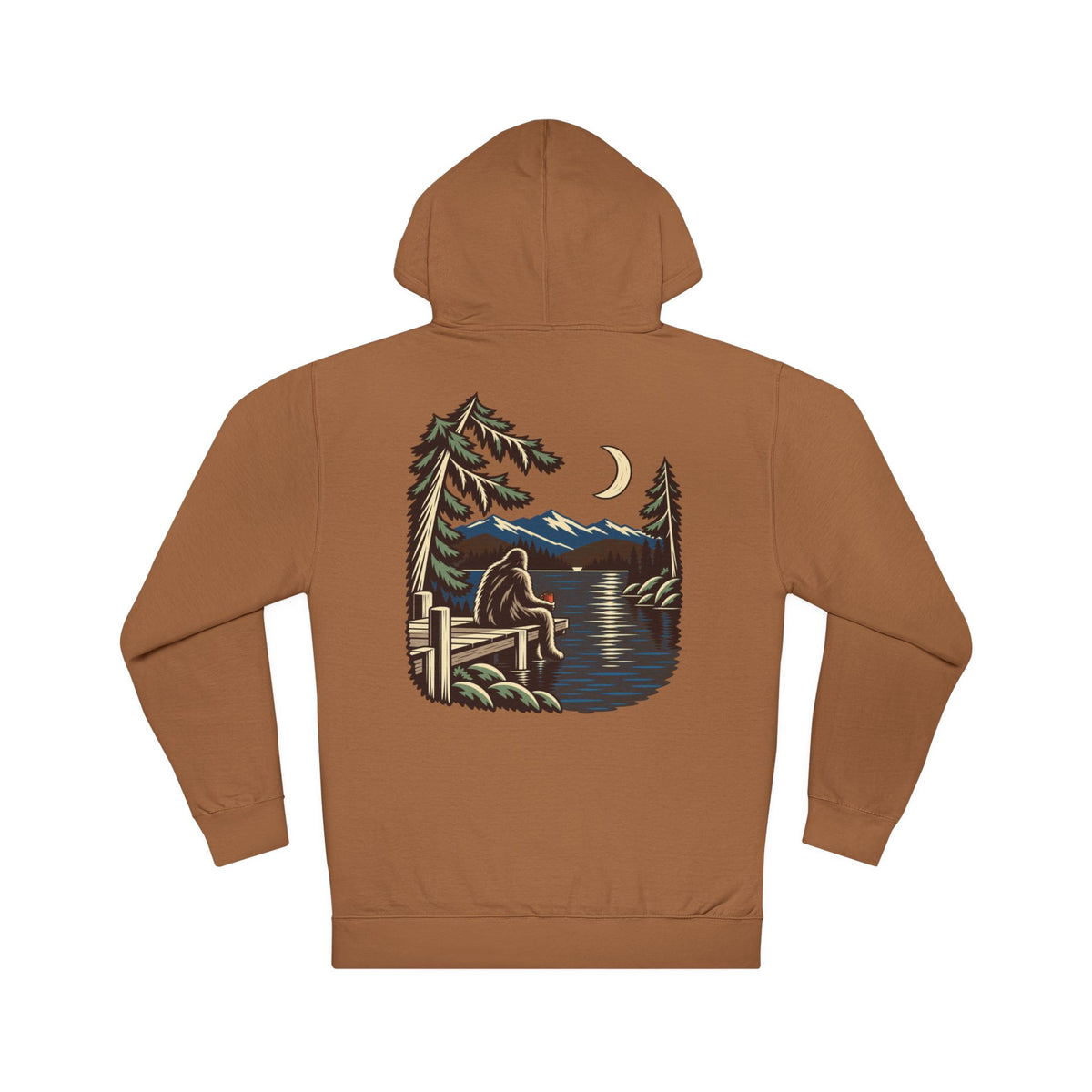 Quiet Hours Midweight Hoodie in Saddle, back view with the large illustrated print. Digital product mockup.