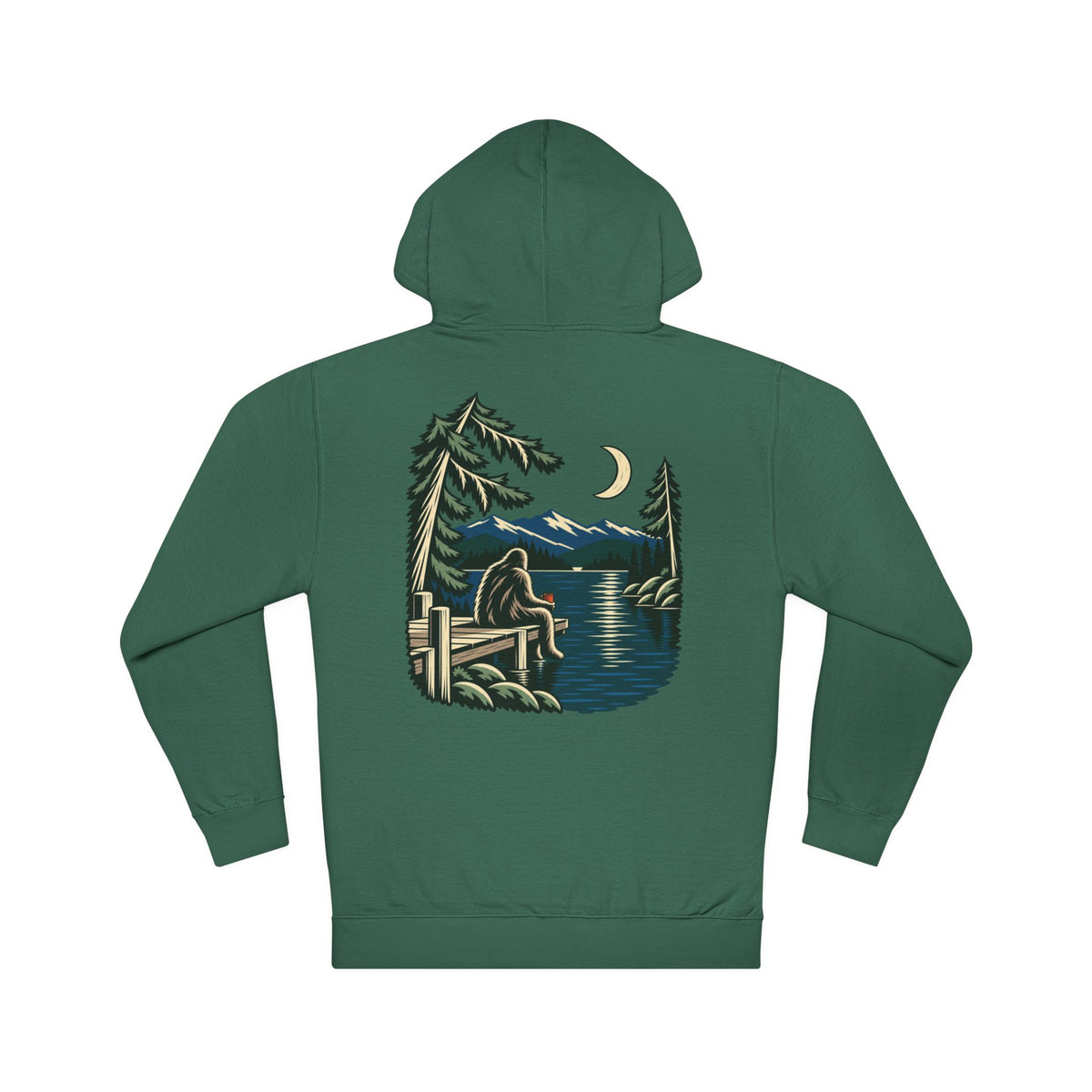 Quiet Hours Midweight Hoodie in Alpine Green, back view with the large illustrated print. Digital product mockup.