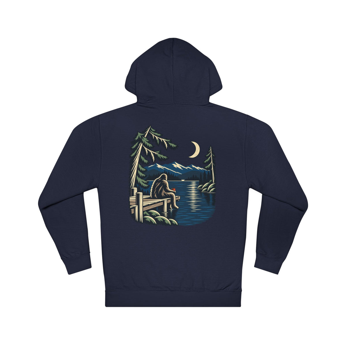 Quiet Hours Midweight Hoodie in Classic Navy, back view with the large illustrated print. Digital product mockup.