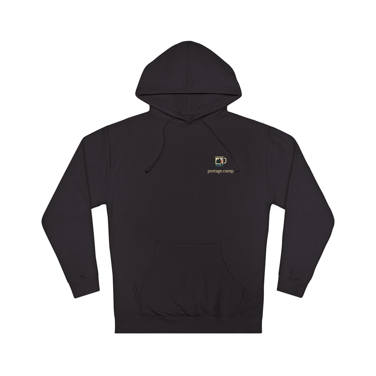 Quiet Hours Midweight Hoodie in Black, front view with the Quiet Hours logo and portage.camp on the chest. Digital product mockup.