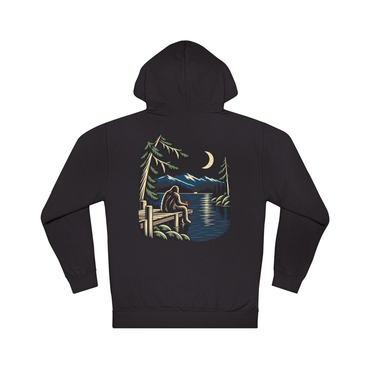 Quiet Hours Midweight Hoodie in Black, back view with the large illustrated print. Digital product mockup.
