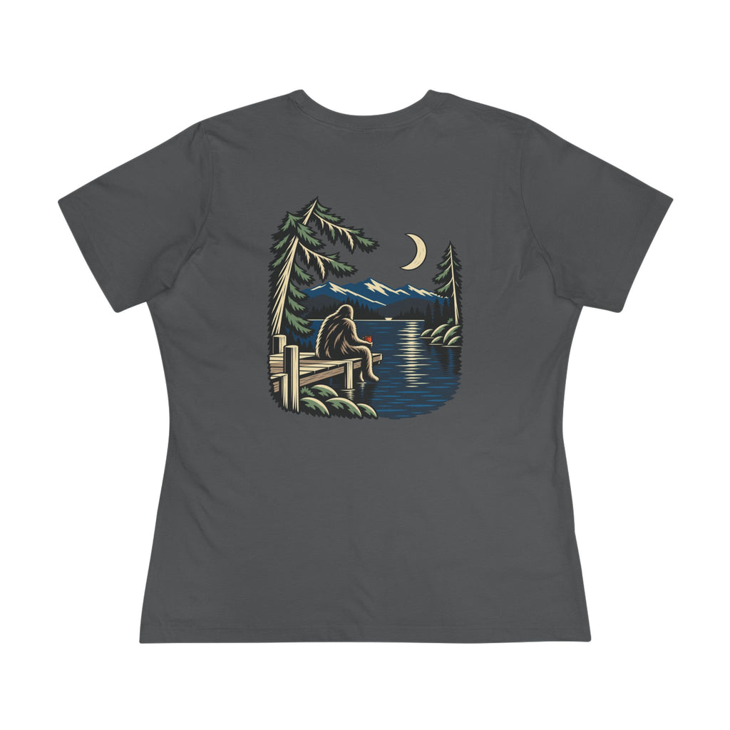 Quiet Hours Women’s Relaxed Tee in Asphalt, back view with the large illustrated print. Digital product mockup.