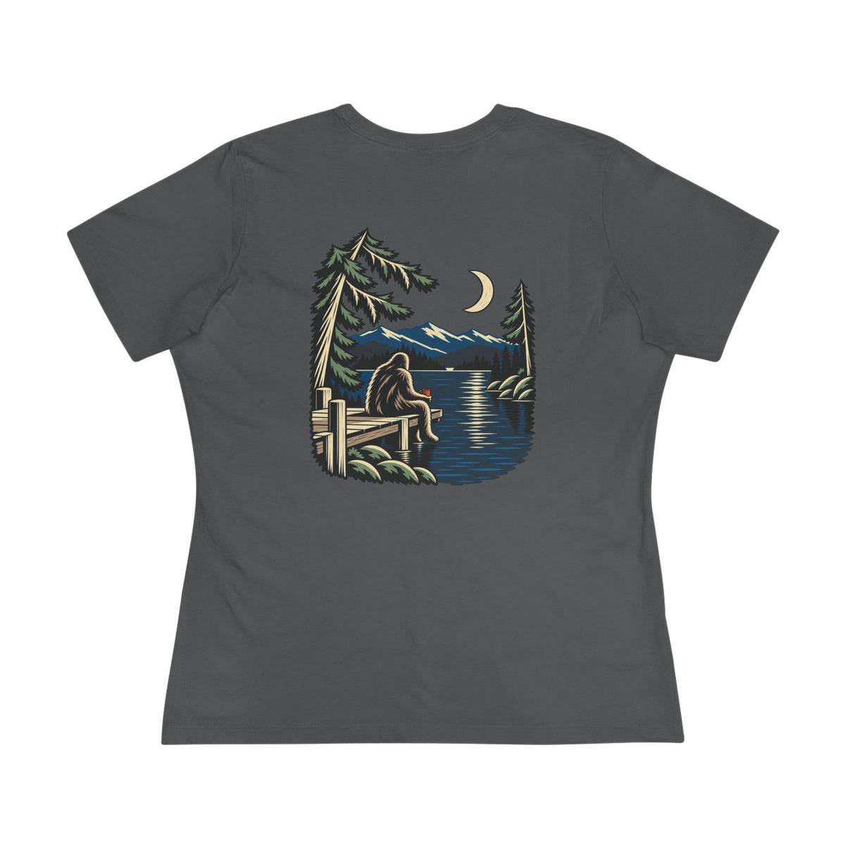 Quiet Hours Women’s Relaxed Tee in Asphalt, back view with the large illustrated print. Digital product mockup.