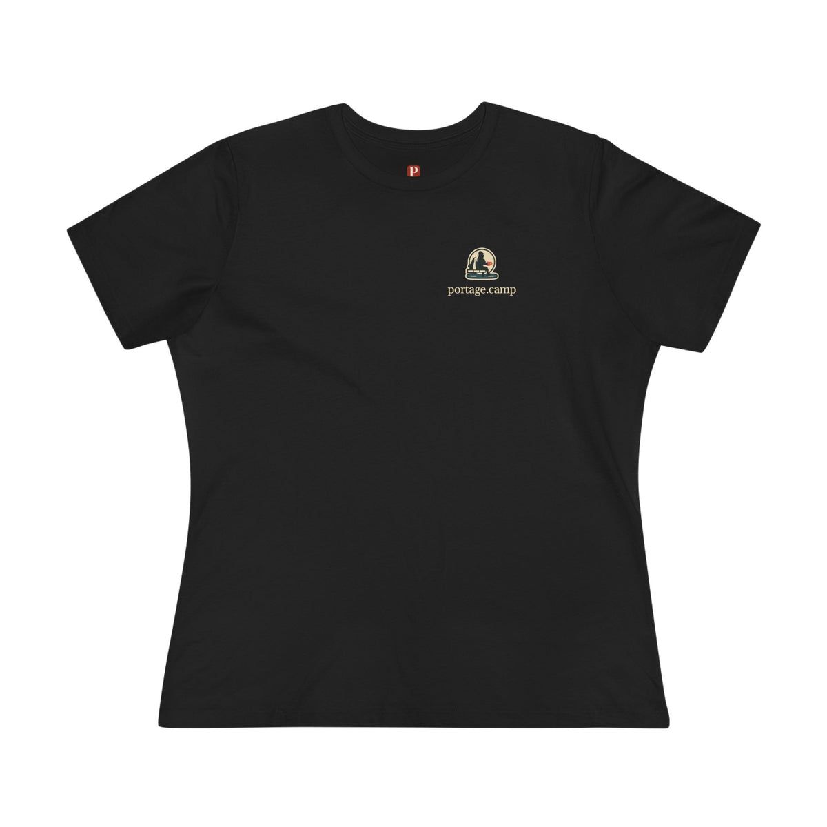 Quiet Hours Women’s Relaxed Tee in Black, front view with the Quiet Hours logo and portage.camp on the chest. Digital product mockup.