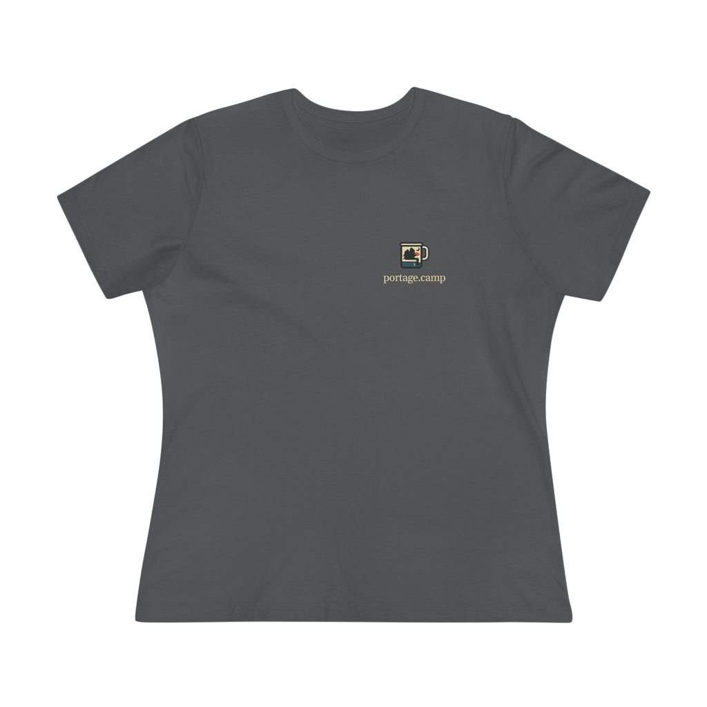Quiet Hours Women’s Relaxed Tee in Asphalt, front view with the Quiet Hours logo and portage.camp on the chest. Digital product mockup.