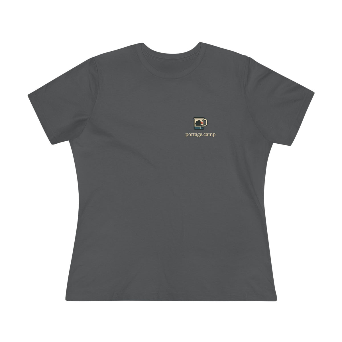 Quiet Hours Women’s Relaxed Tee in Asphalt, front view with the Quiet Hours logo and portage.camp on the chest. Digital product mockup.