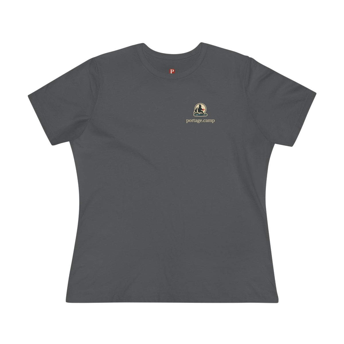 Quiet Hours Women’s Relaxed Tee in Asphalt, front view with the Quiet Hours logo and portage.camp on the chest. Digital product mockup.