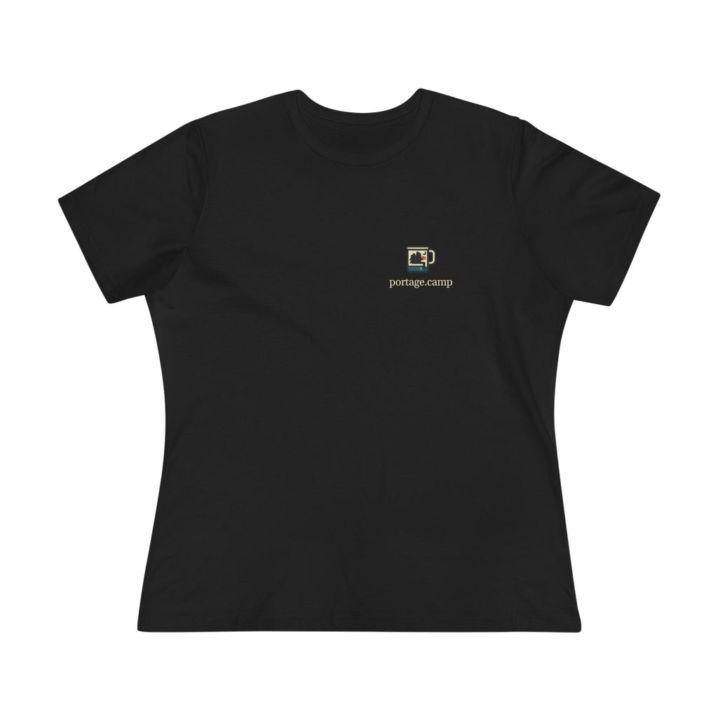 Quiet Hours Women’s Relaxed Tee in Black, front view with the Quiet Hours logo and portage.camp on the chest. Digital product mockup.