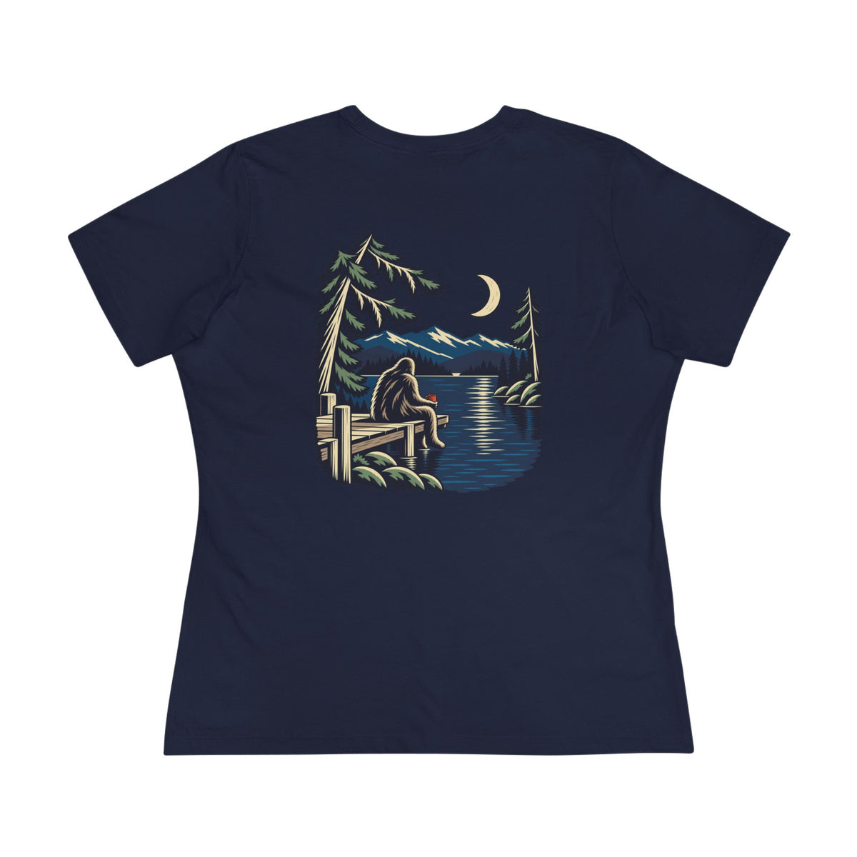 Quiet Hours Women’s Relaxed Tee in Navy, back view with the large illustrated print. Digital product mockup.