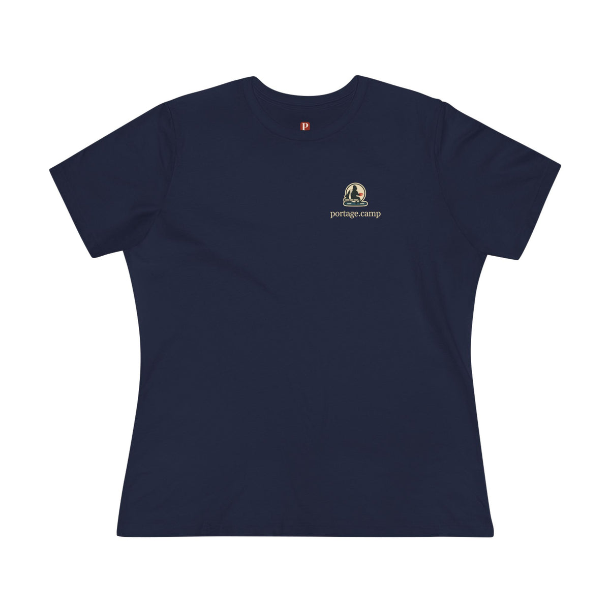 Quiet Hours Women’s Relaxed Tee in Navy, front view with the Quiet Hours logo and portage.camp on the chest. Digital product mockup.