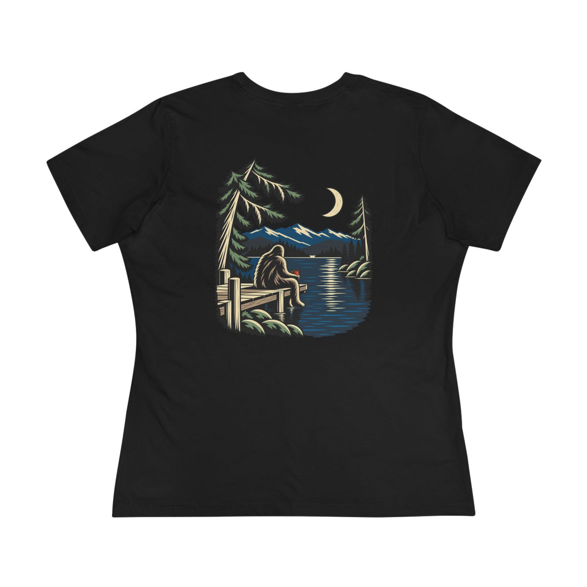 Quiet Hours Women’s Relaxed Tee in Black, back view with the large illustrated print. Digital product mockup.