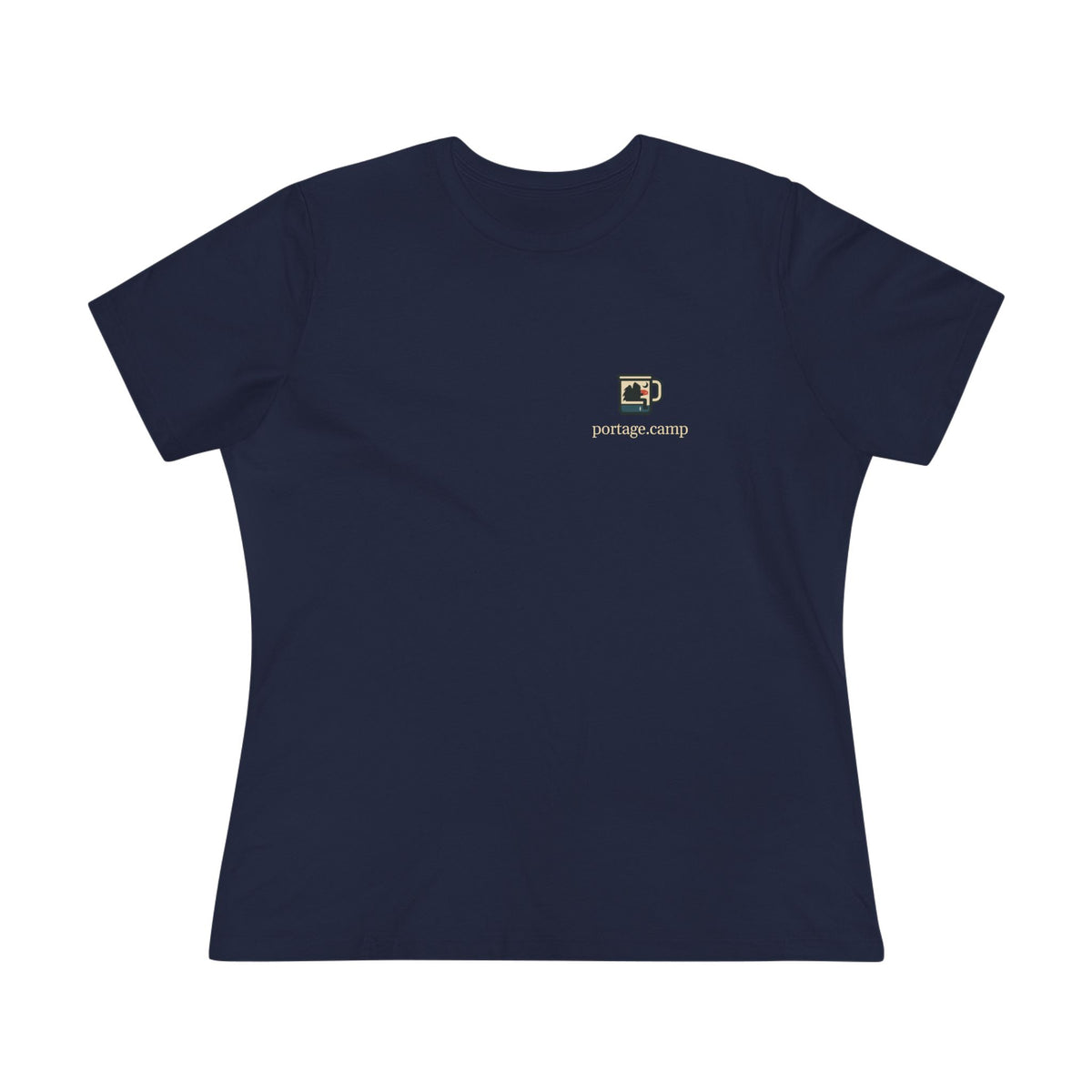Quiet Hours Women’s Relaxed Tee in Navy, front view with the Quiet Hours logo and portage.camp on the chest. Digital product mockup.