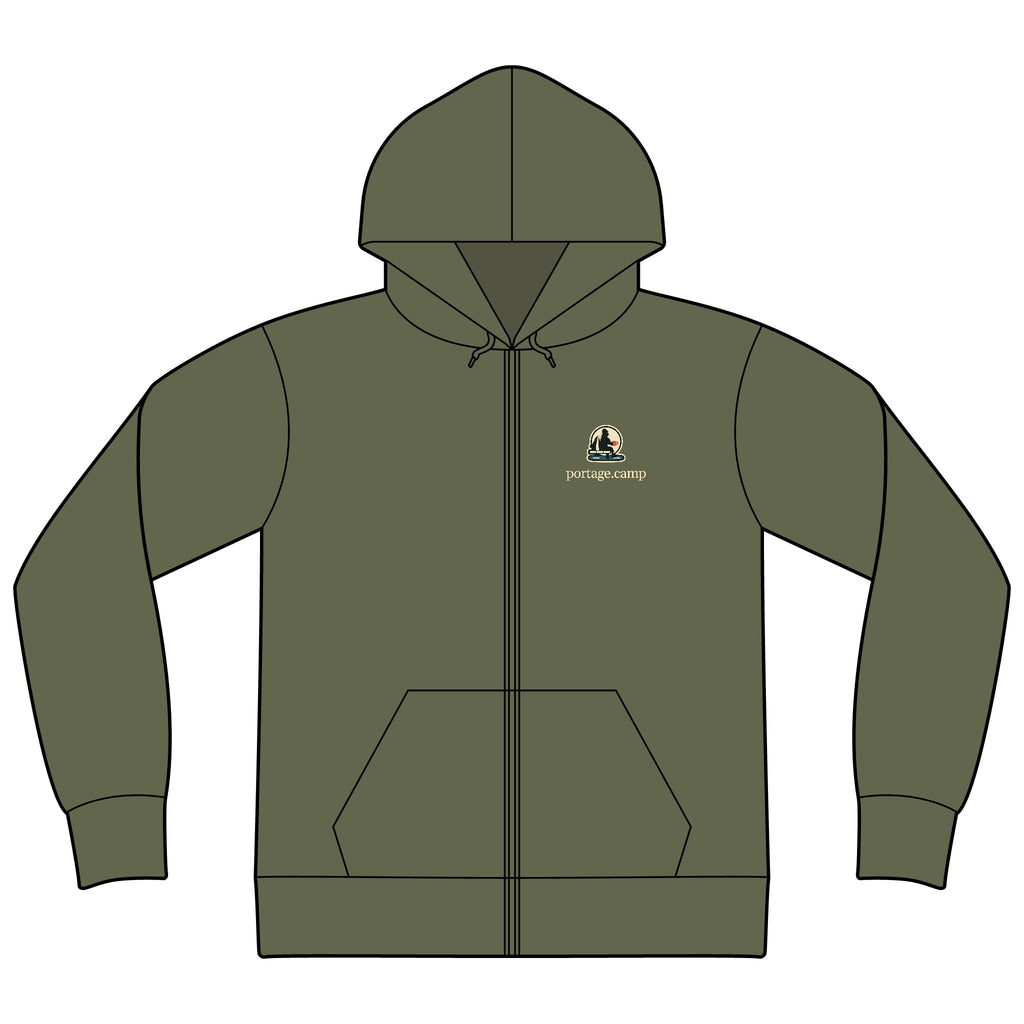 Quiet Hours Zip Hoodie in Military Green, front view with the Quiet Hours logo and portage.camp on the left chest. Digital product mockup.