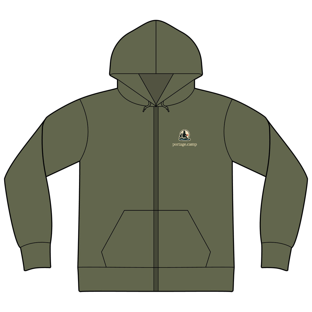Quiet Hours Zip Hoodie in Military Green, front view with the Quiet Hours logo and portage.camp on the left chest. Digital product mockup.