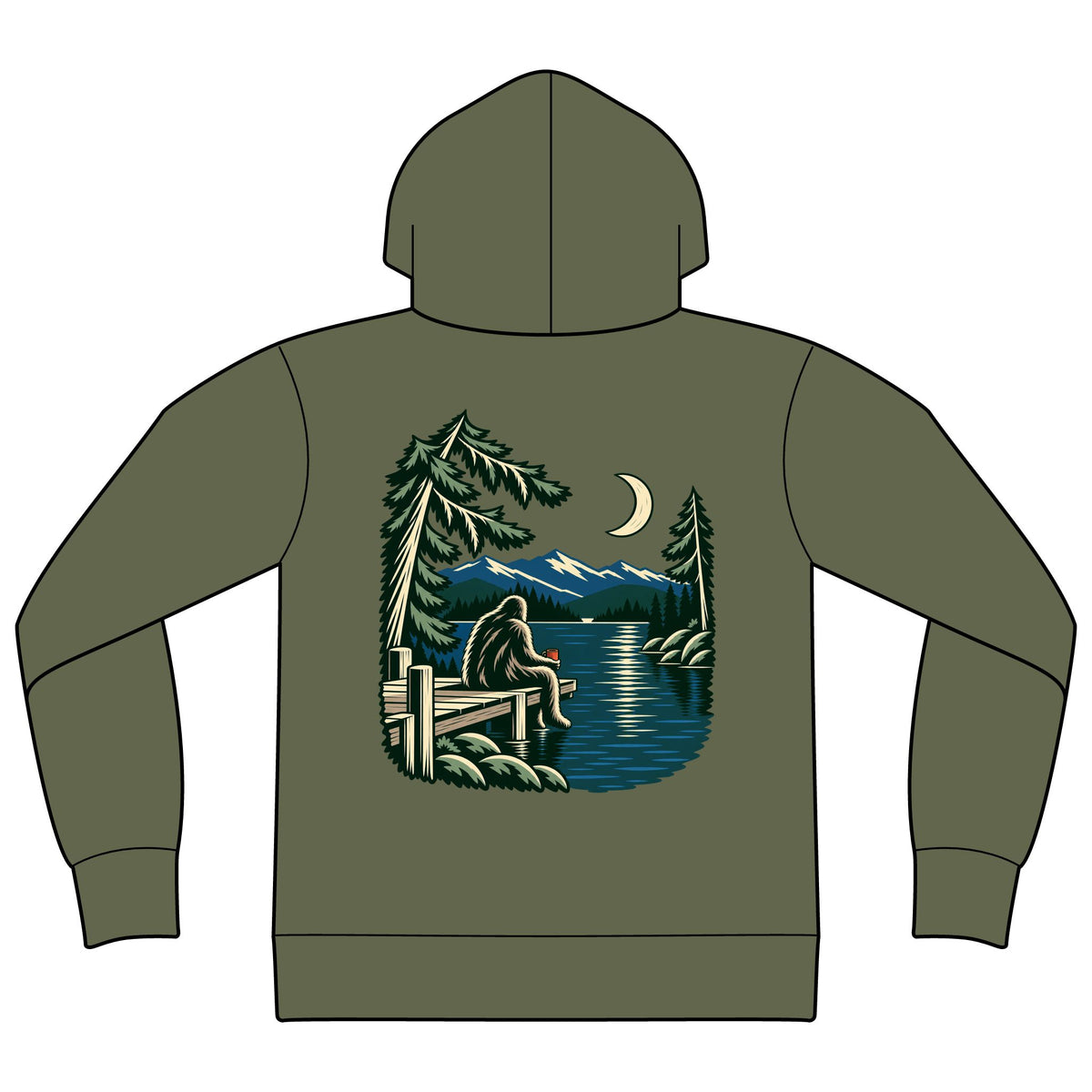 Quiet Hours Zip Hoodie in Military Green, back view with the large illustrated print. Digital product mockup.