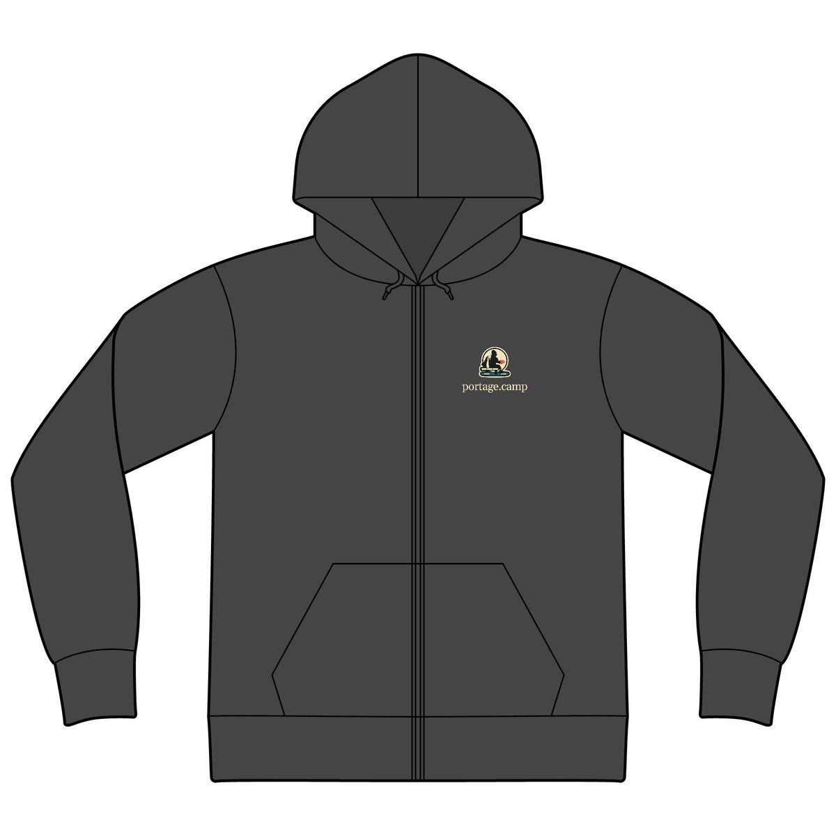 Quiet Hours Zip Hoodie in Dark Heather, front view with the Quiet Hours logo and portage.camp on the left chest. Digital product mockup.