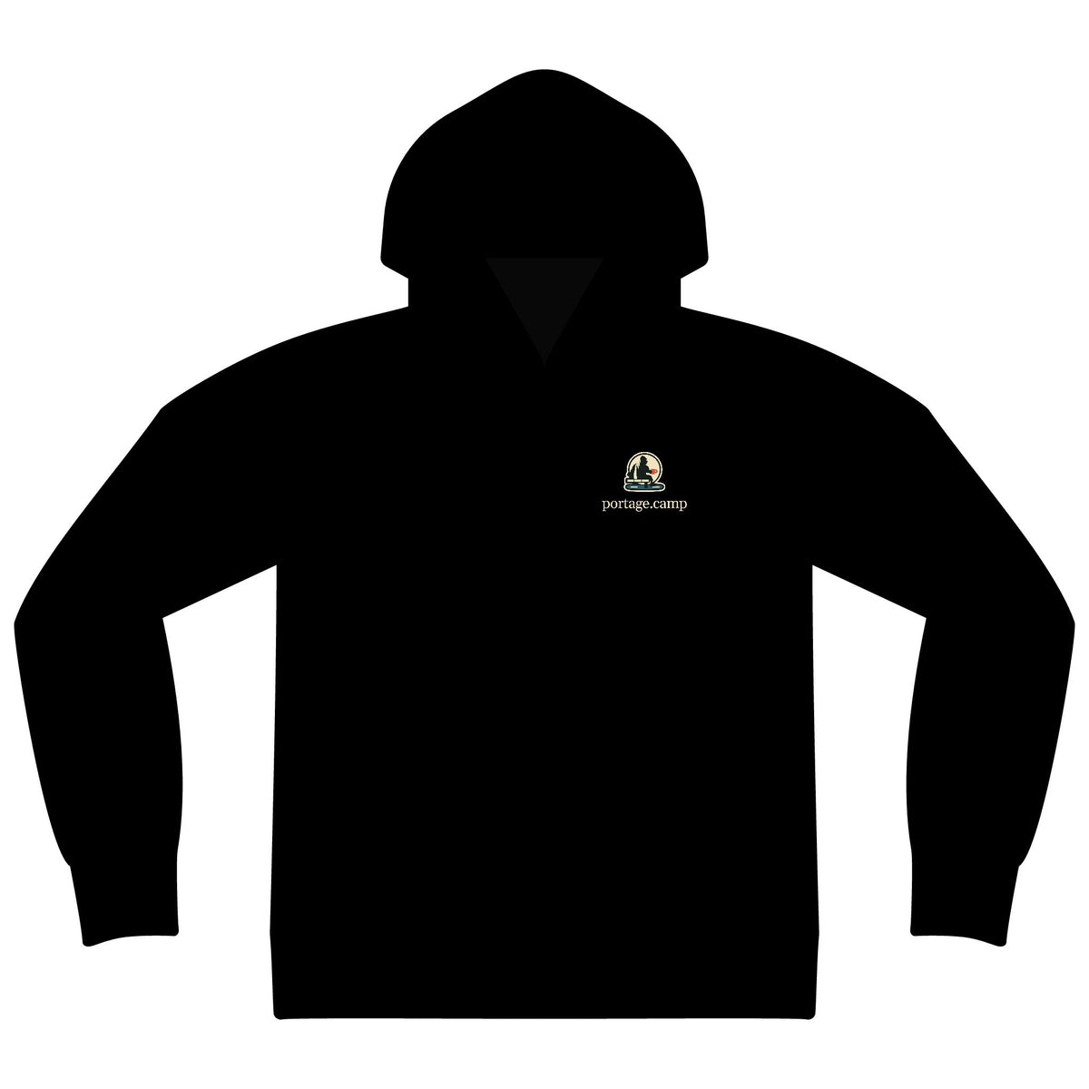 Quiet Hours Zip Hoodie in Black, front view with the Quiet Hours logo and portage.camp on the left chest. Digital product mockup.