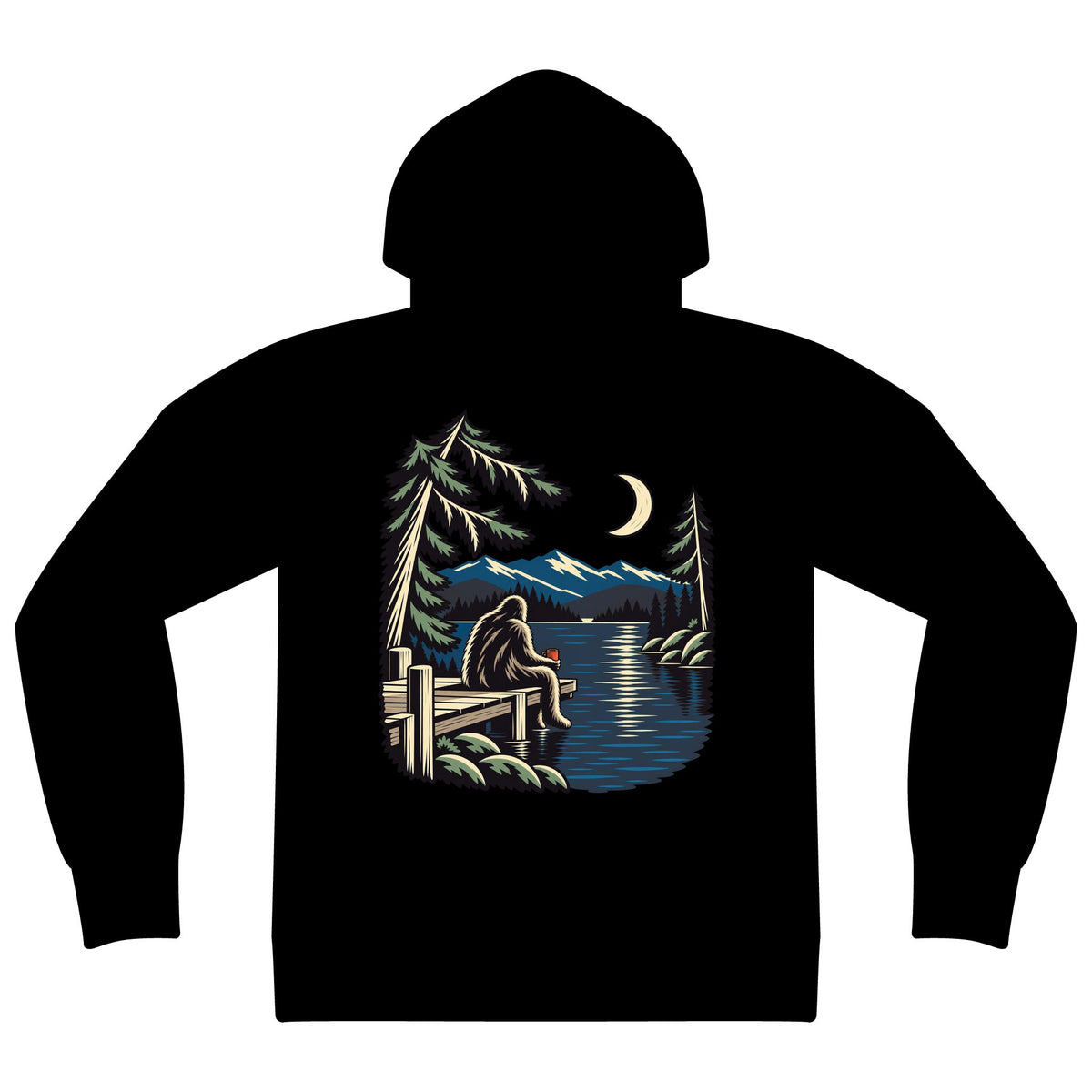Quiet Hours Zip Hoodie in Black, back view with the large illustrated print. Digital product mockup.