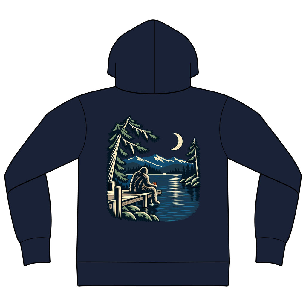 Quiet Hours Zip Hoodie in Navy, back view with the large illustrated print. Digital product mockup.
