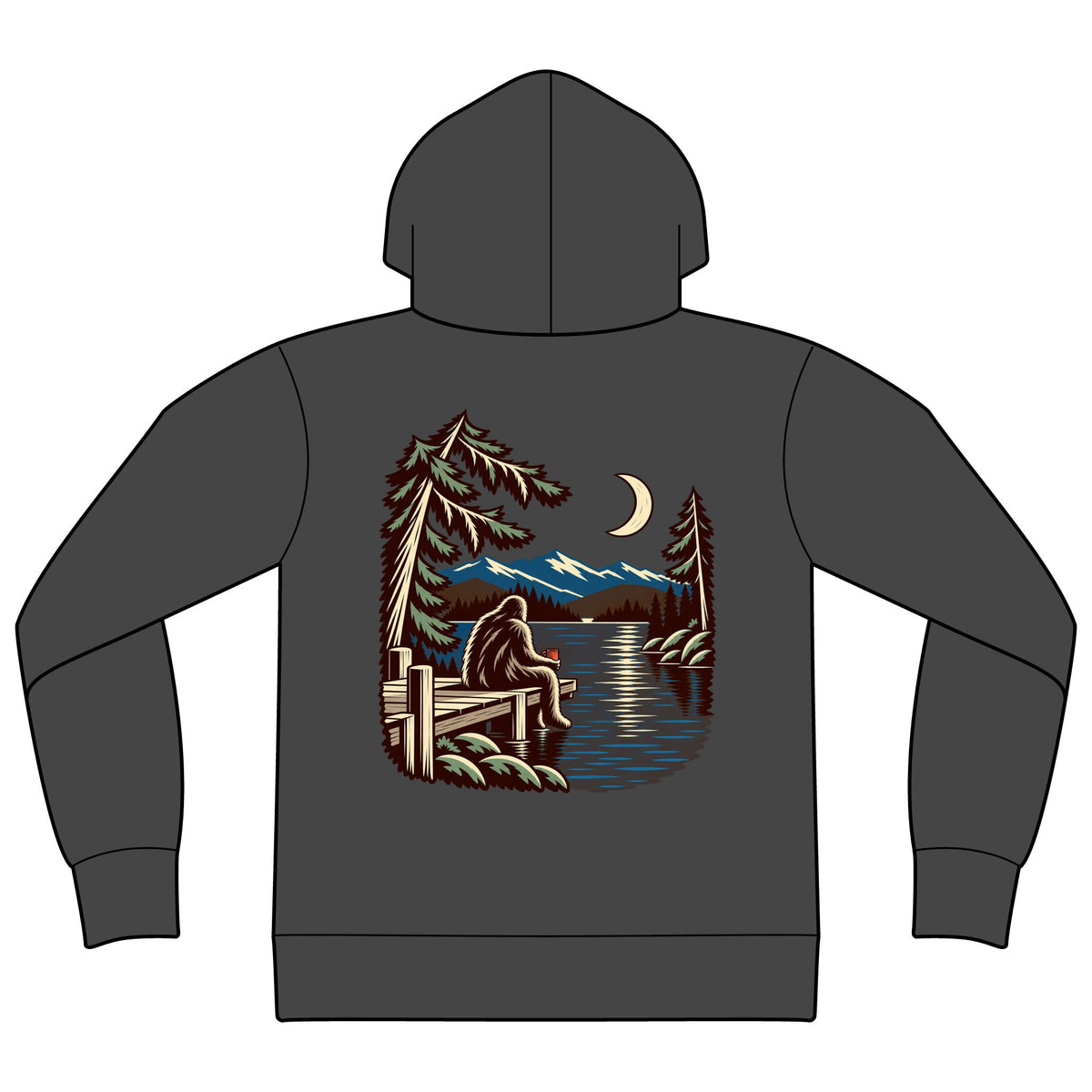 Quiet Hours Zip Hoodie in Dark Heather, back view with the large illustrated print. Digital product mockup.