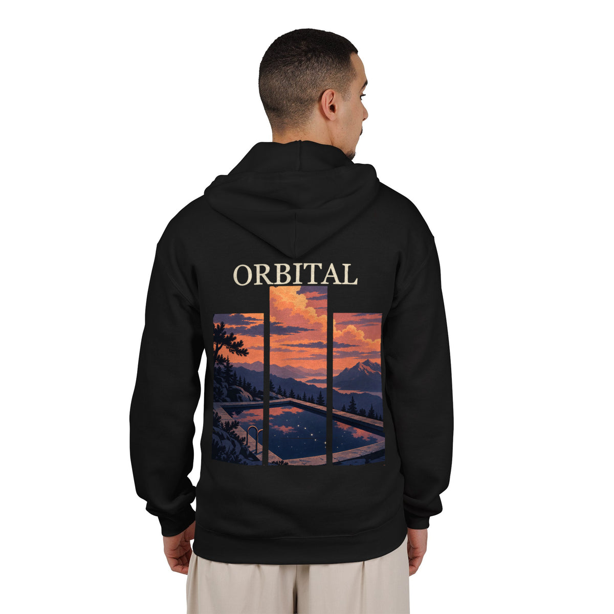 A Different Sky Zip Hoodie in Black, worn by a man seen from behind in a plain white studio, showing the large print on the back. Digital product mockup.