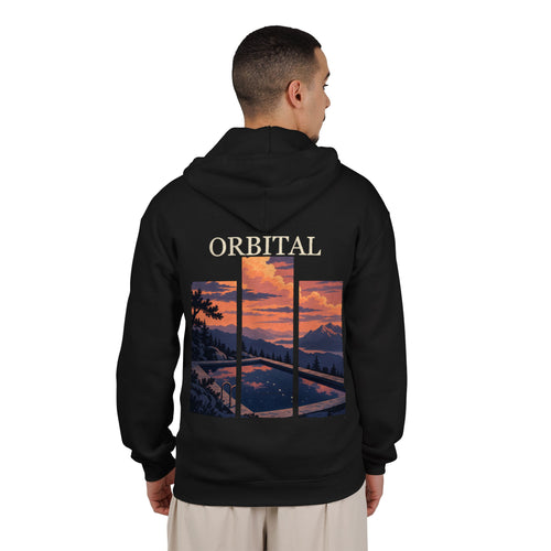 A Different Sky Zip Hoodie in Black, worn by a man seen from behind in a plain white studio, showing the large print on the back. Digital product mockup.