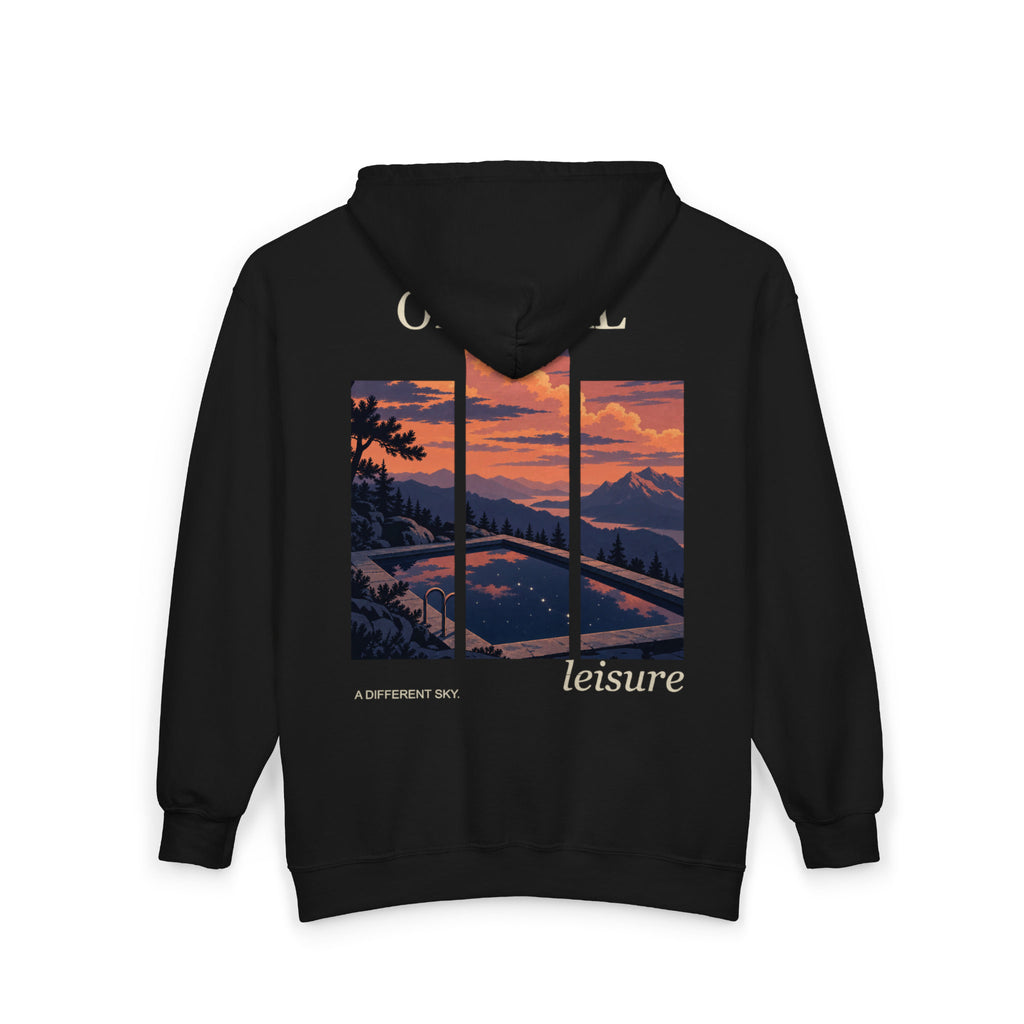 A Different Sky Zip Hoodie in Black, back view with the large illustrated print. Digital product mockup.