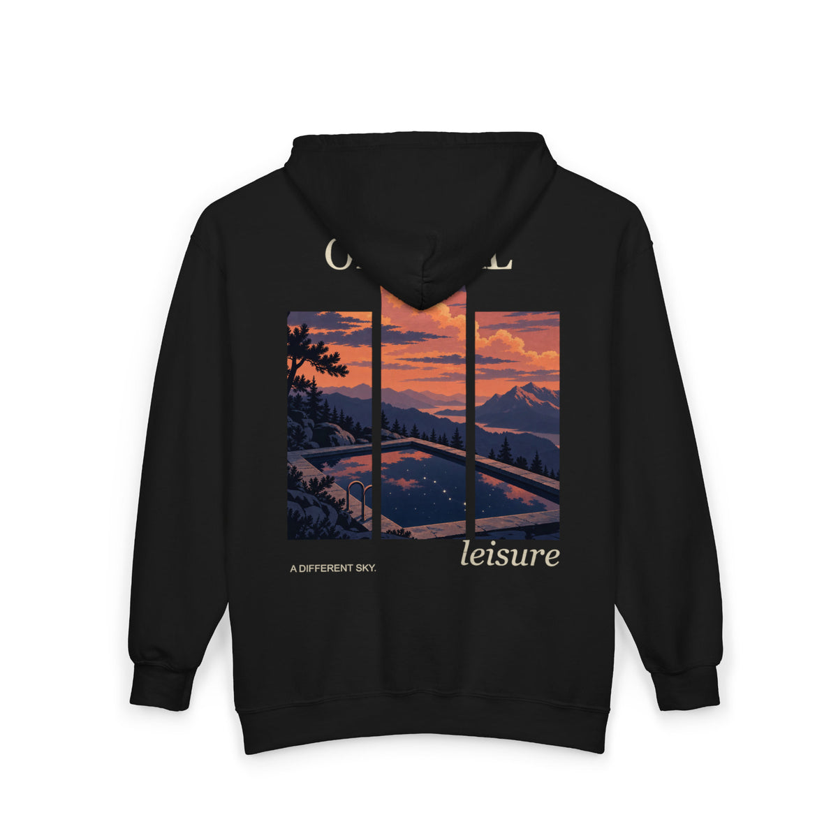 A Different Sky Zip Hoodie in Black, back view with the large illustrated print. Digital product mockup.