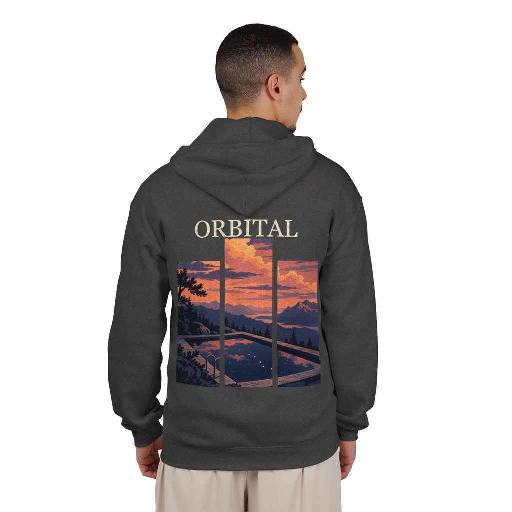 A Different Sky Zip Hoodie in Dark Heather, worn by a man seen from behind in a plain white studio, showing the large print on the back. Digital product mockup.