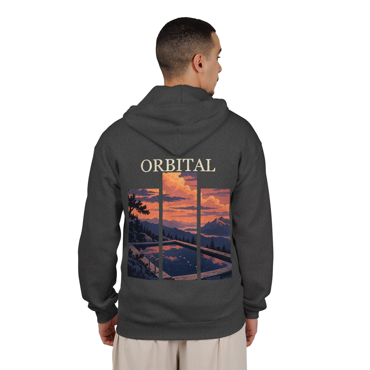 A Different Sky Zip Hoodie in Dark Heather, worn by a man seen from behind in a plain white studio, showing the large print on the back. Digital product mockup.