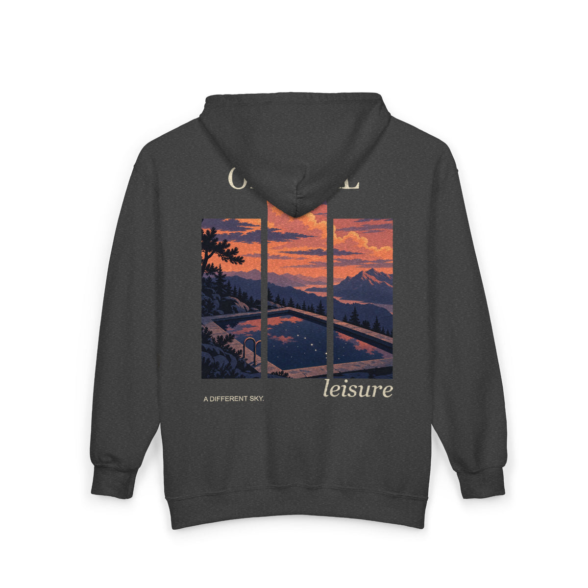 A Different Sky Zip Hoodie in Dark Heather, back view with the large illustrated print. Digital product mockup.